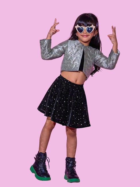 Lil Drama Girls Black Velvet Printed Skirts-picture-25