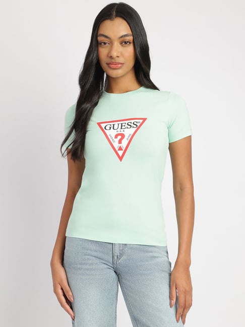 Guess Jeans Iconic Hope Green Cotton Slim Fit Logo Printed T-Shirt
