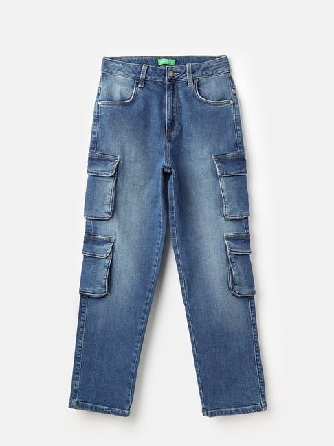 United Colors of Benetton Girls Blue Cotton Lycra Solid Jeans