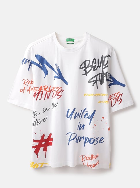 United Colors of Benetton Girls White Cotton Printed T-Shirt