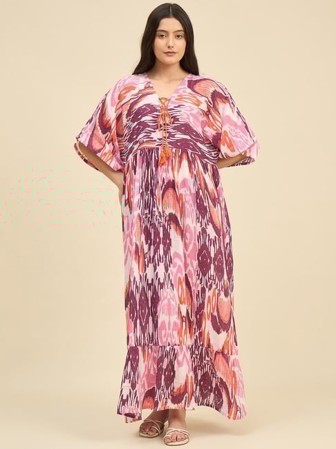 The Kaftan Company Pink Cotton Regular Fit Printed Resort Wear Dress