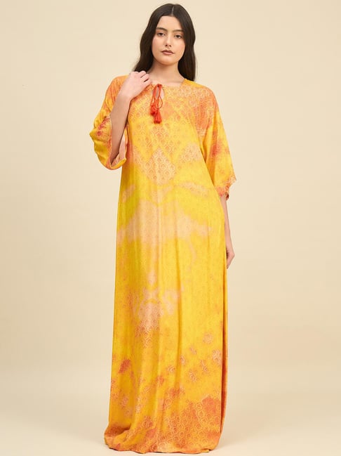The Kaftan Company Yellow Regular Fit Printed Night Dress-picture-45
