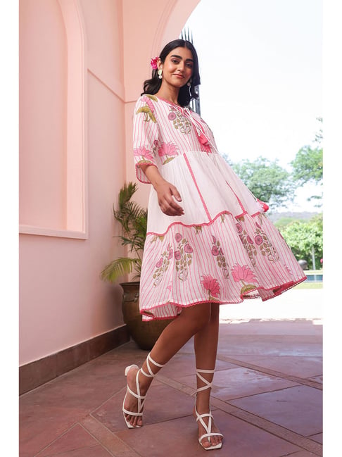 Buy Scakhi Pink Striped-Floral Cotton Printed Midi Tiered Dress for Womens  Online @ Tata CLiQ Luxury