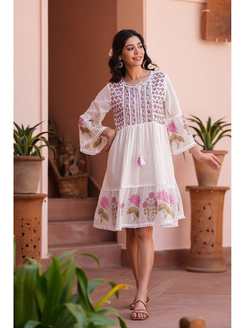 Scakhi Pink Floral Cotton Block Printed Midi Tiered Dress