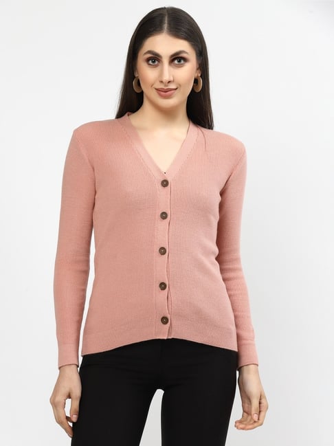 Kalt Peach Self Design Long Sleeves Cardigan