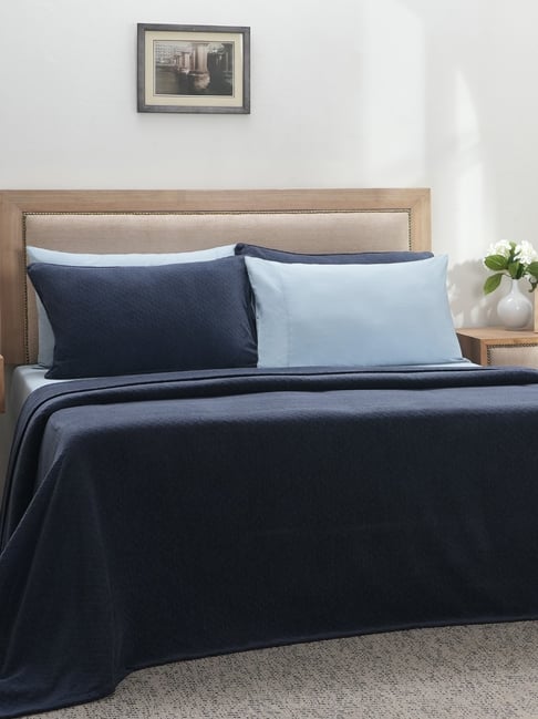 Maspar Blue Cotton 200 TC Double Bed Cover