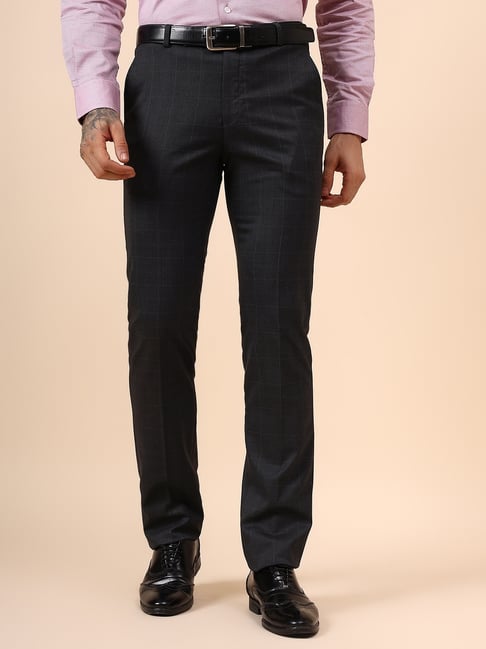 Cantabil Charcoal Regular Fit Checks Trousers-picture-39