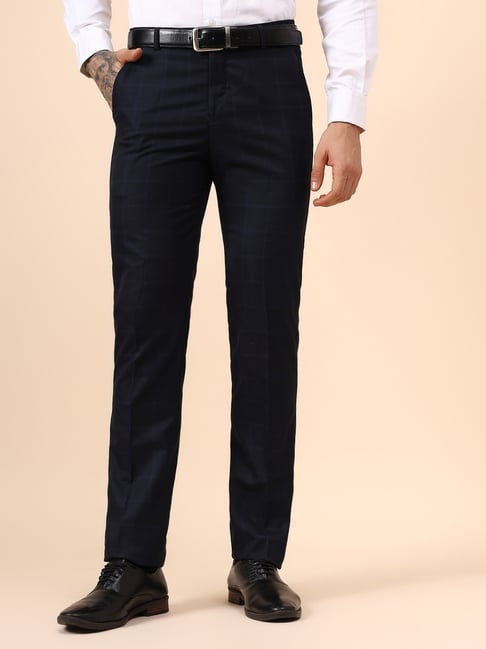 Cantabil Navy Blue Regular Fit Checks Trousers-picture-33