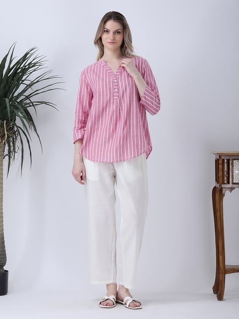 Qurvii Pink Stripes Half Placket Shirt-image-2