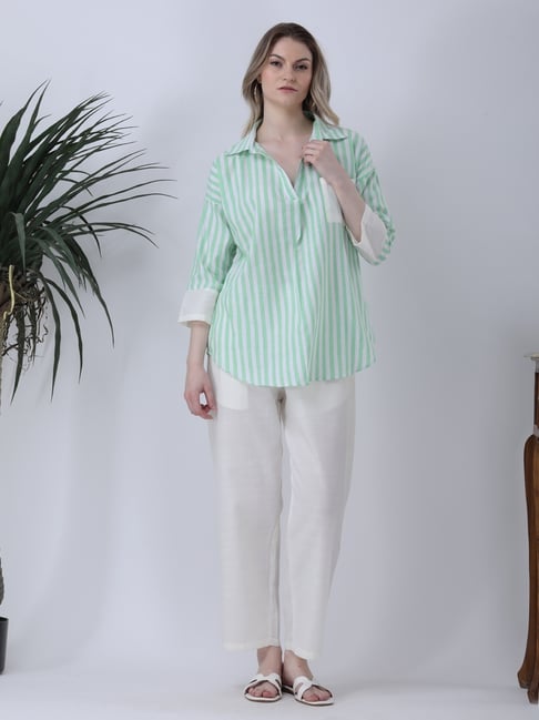 Qurvii Green Stripes Half Placket Shirt-image-0