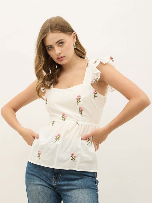 Styli Off White Cotton Regular Fit Embroidered Top