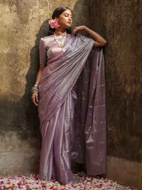 Huts And Looms Lilac Solid Tissue Saree-picture-32