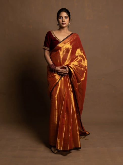 Huts And Looms Rust Solid Tissue Saree-picture-45