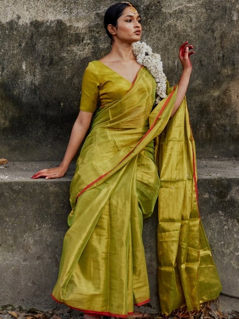 Huts And Looms Green Solid Tissue Saree-picture-48