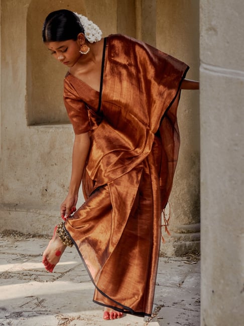 Huts And Looms Copper Solid Tissue Saree-picture-29