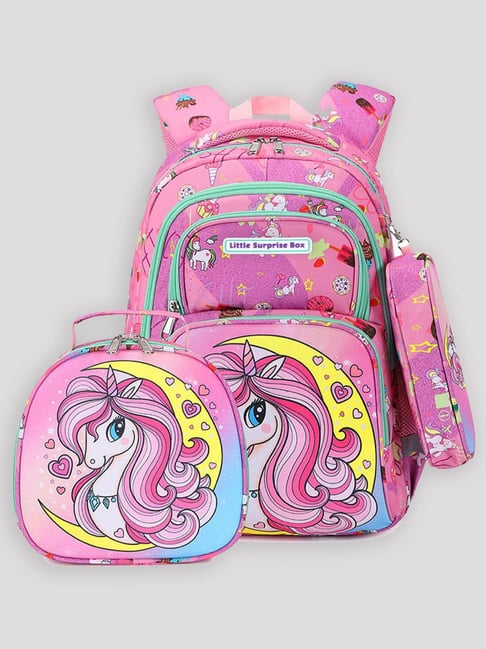 Little Surprise Box Pink Printed Backpack with Lunch Bag Stationery Pouch