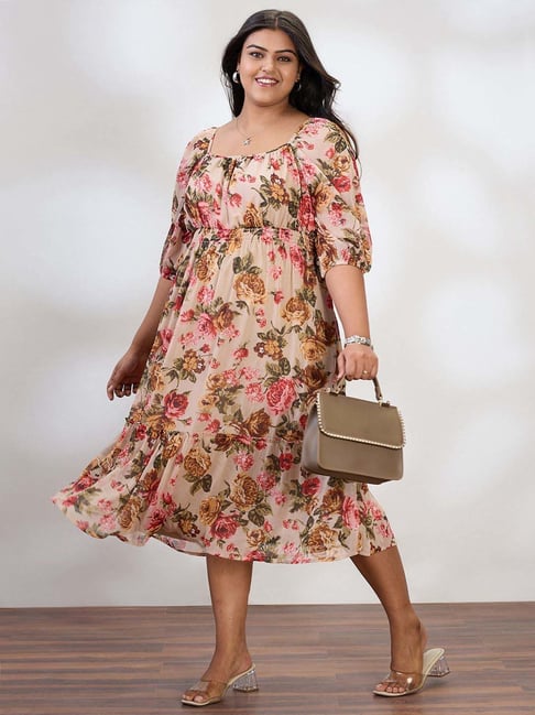 Globus Gloplus Women Beige Square Neck Raglan Sleeves Floral Print Plus  Size Fit Flare Midi Dress