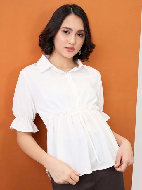 Globus Women White Shirt Collar Puff Sleeves Solid Waist Tie-Up Workwear  Peplum Top - Main Image