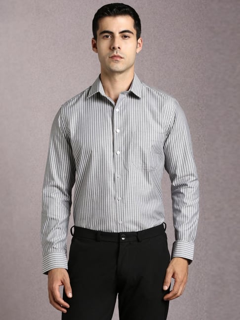 Louis Philippe Grey Slim Fit Stripes Formal Shirt-picture-16