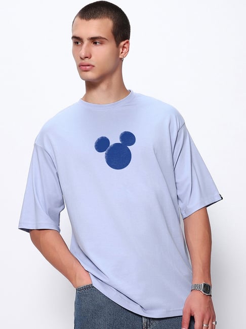 Bewakoof Men's Baby Lavender Mickey Graphic Printed Oversized T-Shirt