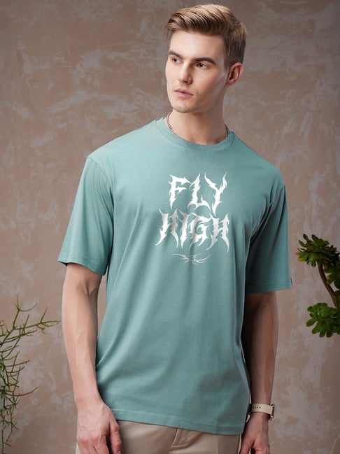 Bewakoof Men's Arctic Green Fly High Graphic Printed Oversized T-Shirt