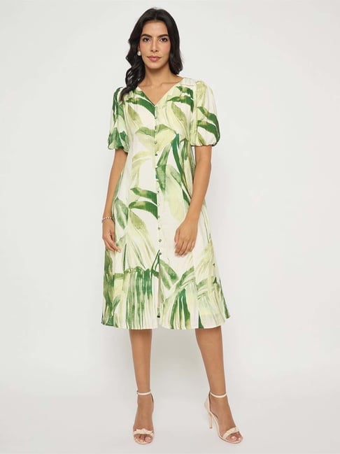 off white green dress Farm Rio Summer Foliage Strapless Cut Out Midi Dress