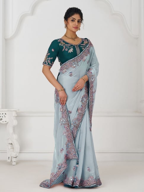 Odette Blue Silk Viscose Embroidered Saree-picture-14