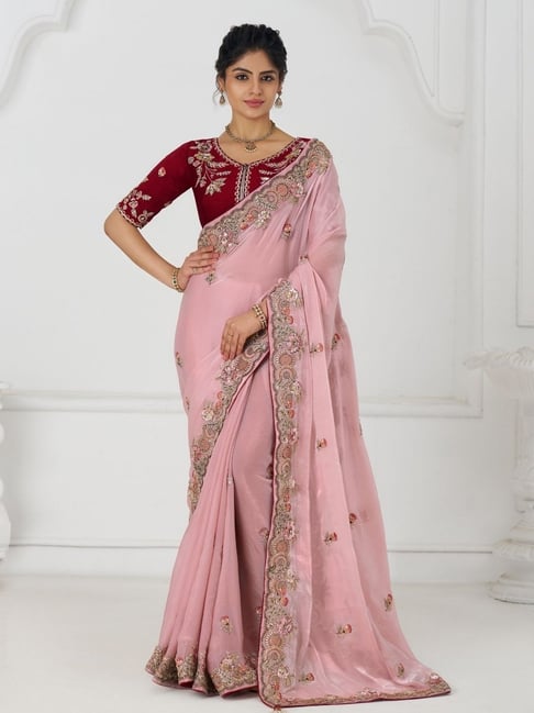 Odette Peach Silk Viscose Embroidered Saree-picture-20
