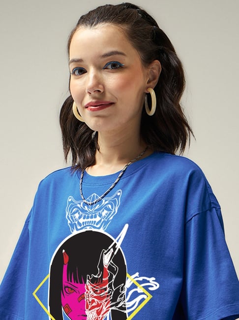Bewakoof Women's Blue On In Me Graphic Printed Oversized T-Shirt