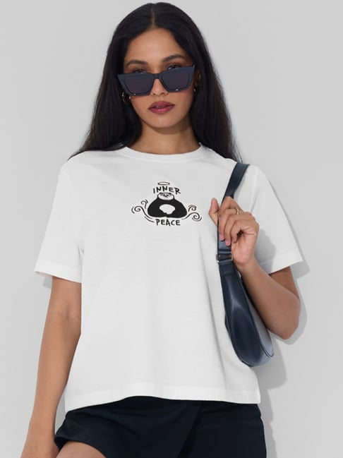 The Souled Store White Cotton Relaxed Fit Embroidered T-Shirt-picture-20