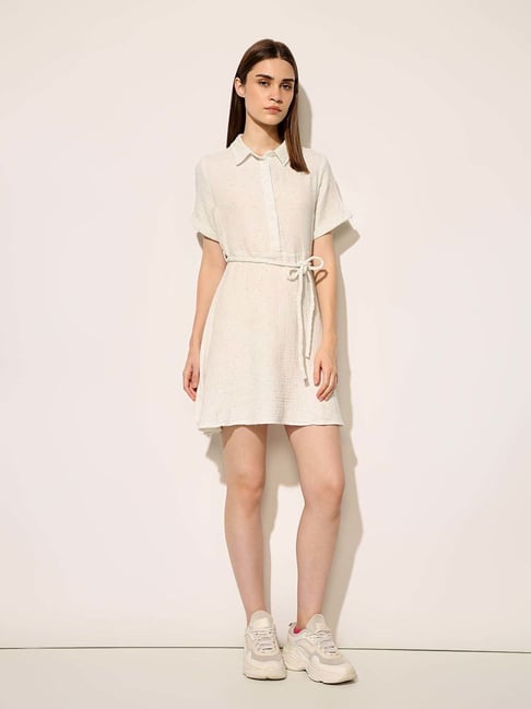 Only White Cotton Flare Fit Self Pattern Dress