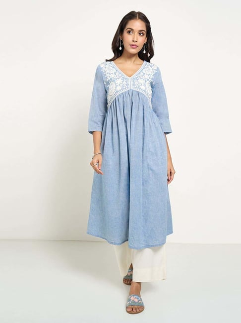 Rangmanch By Pantaloons Twilight Blue Cotton Regular Fit Embroidered Kurta-picture-15