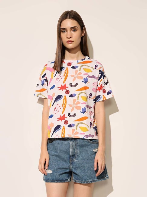 Only White Cotton Regular Fit Printed T-Shirt-picture-43