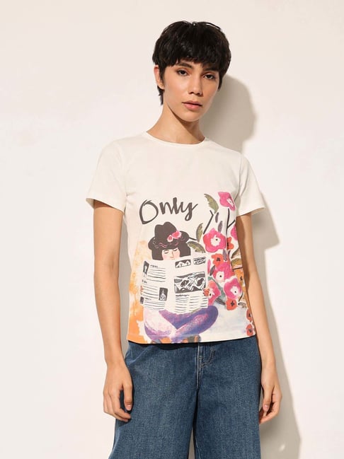 Only Cloud Dancer Cotton Regular Fit Printed T-Shirt-picture-25