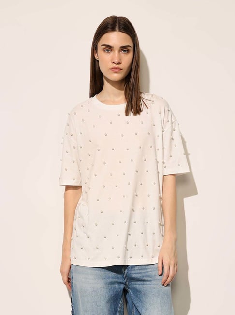 Only Cloud Dancer Cotton Regular Fit Embellished T-Shirt-picture-30