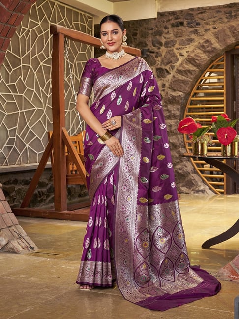Varanga Purple Block Print Saree with Blouse Piece-image-36