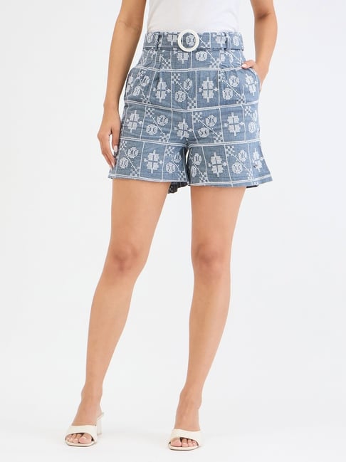Elle Blue Relaxed Fit Embroidery Shorts