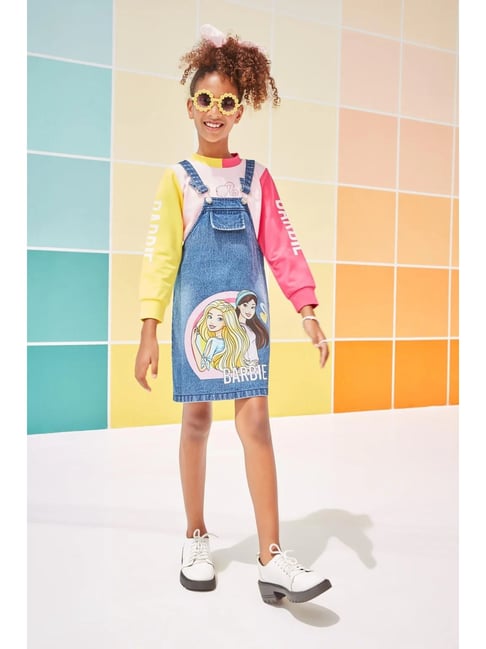 Tiny Girl Dark Blue Cotton Barbie Printed Dungaree