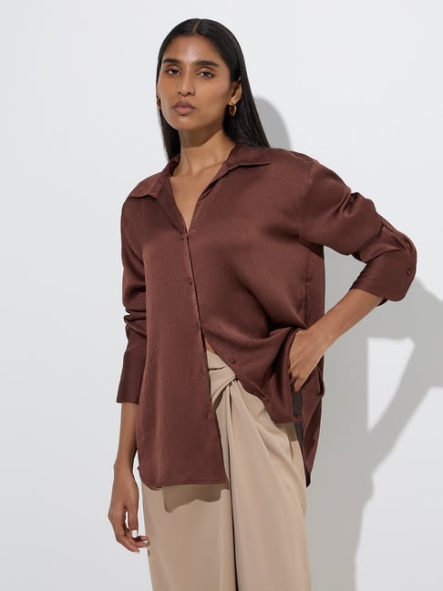 Wardrobe by Westside Dark Brown Satin Shirt-picture-45