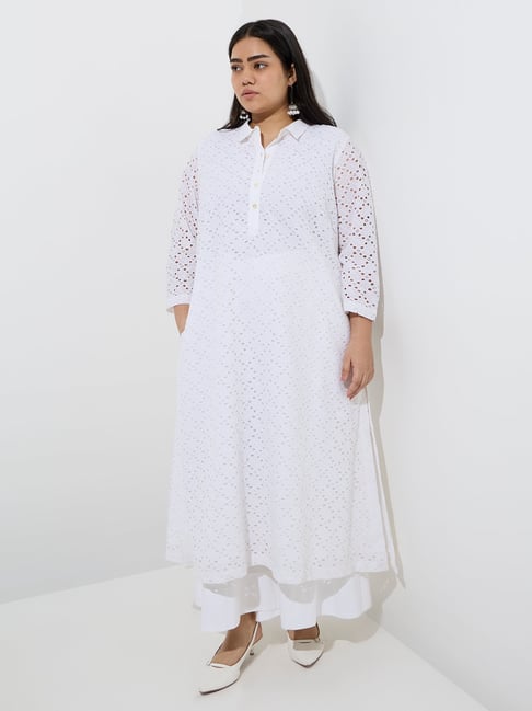 Diza by Westside White Schiffli Embroidered Cotton A-Line Cotton Kurta-picture-12