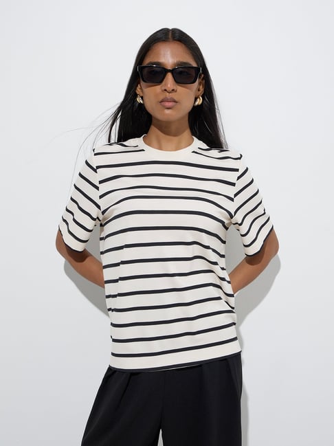 Wardrobe by Westside Ivory Striped T-Shirt-picture-35