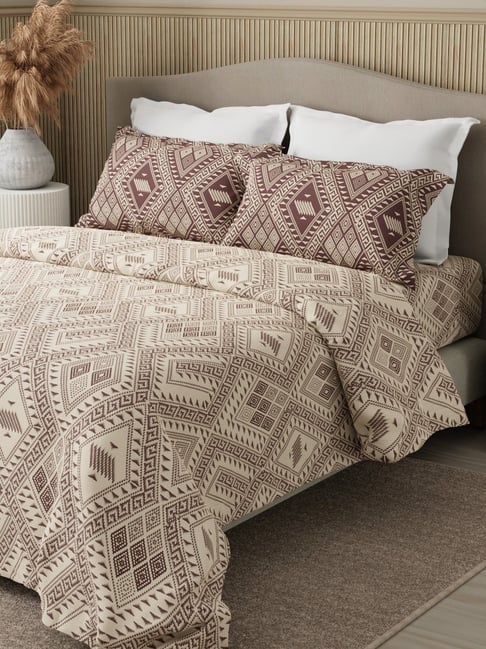 Boutique Living Embrace Brown Cotton Geometric 152 TC Double Flat Bedsheet with 2 Pillow Covers-picture-27