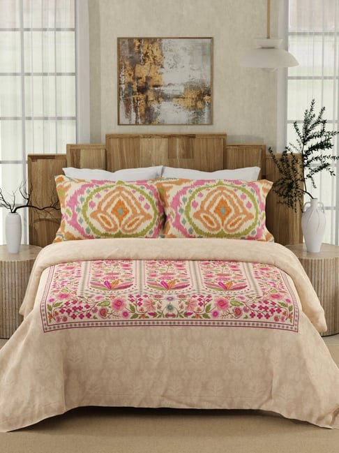 Boutique Living Gardenia Augusta Pink Cotton Ethnic 300 TC King Flat Bedsheet with 2 Pillow Covers-picture-25