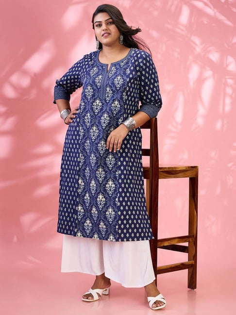 Globus Gloplus Women Blue Round Neck Ethnic & Floral Print Panelled Straight Plus Size Kurta-picture-27