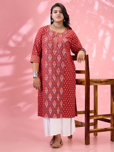 Globus Gloplus Women Maroon Round Neck Ethnic & Floral Print Panelled Straight Plus Size Kurta-picture-45