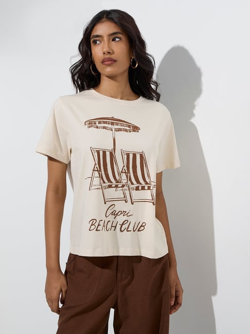 LOV by Westside Beige Beach-Inspired Cotton T-Shirt