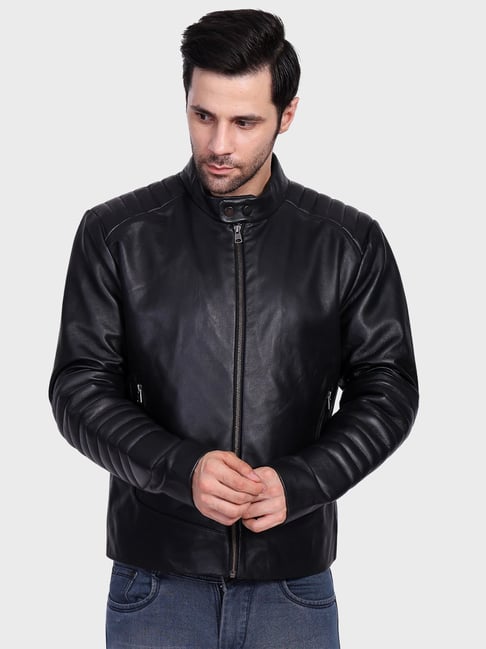 Justanned Black Solid Leather Jacket