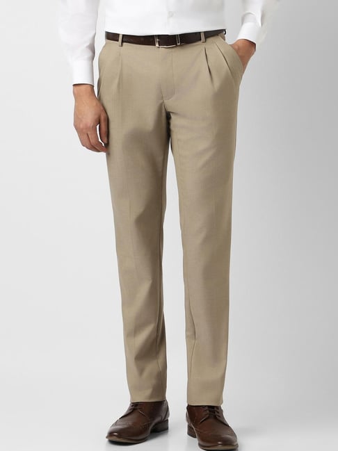 Buy Van Heusen Beige Slim Fit Solid Formal Trousers (Work) for