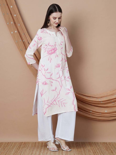 Melange By Lifestyle Off White Regular Fit Floral Print Kurta-picture-19
