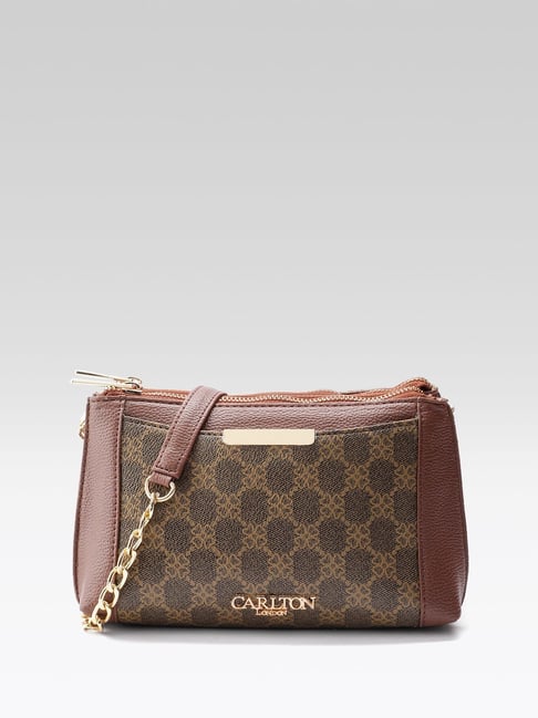 Carlton London Dark Brown Printed Medium Leather Cross Body Bag